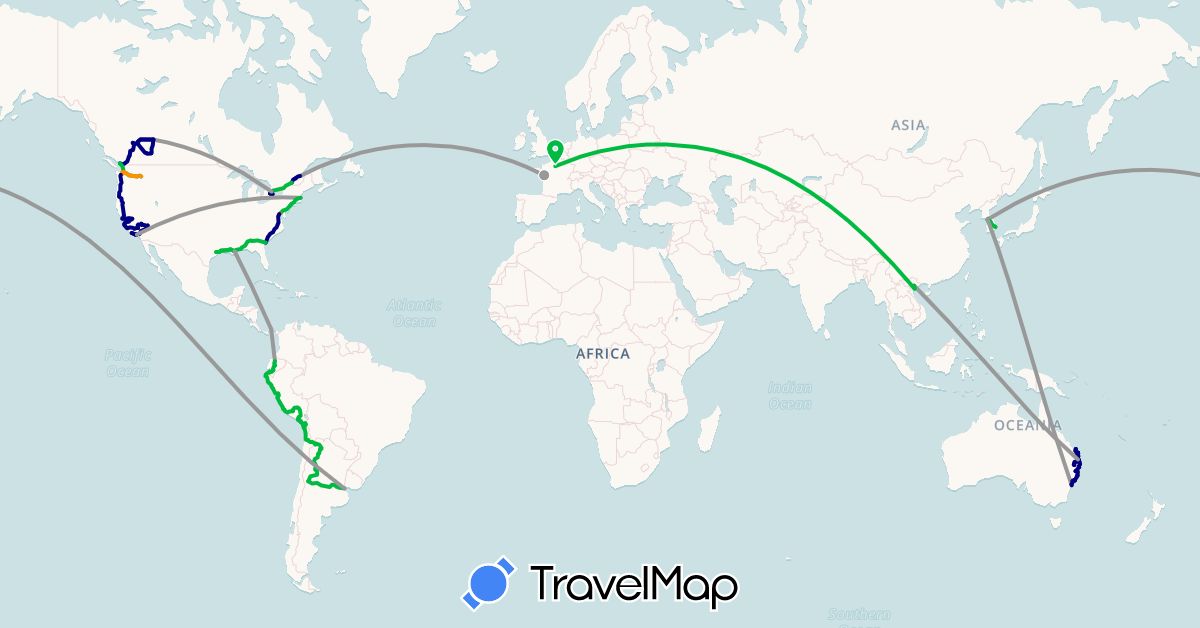 TravelMap itinerary: driving, bus, plane, hitchhiking in Argentina, Australia, Canada, Chile, Ecuador, France, South Korea, Panama, Peru, United States, Vietnam (Asia, Europe, North America, Oceania, South America)